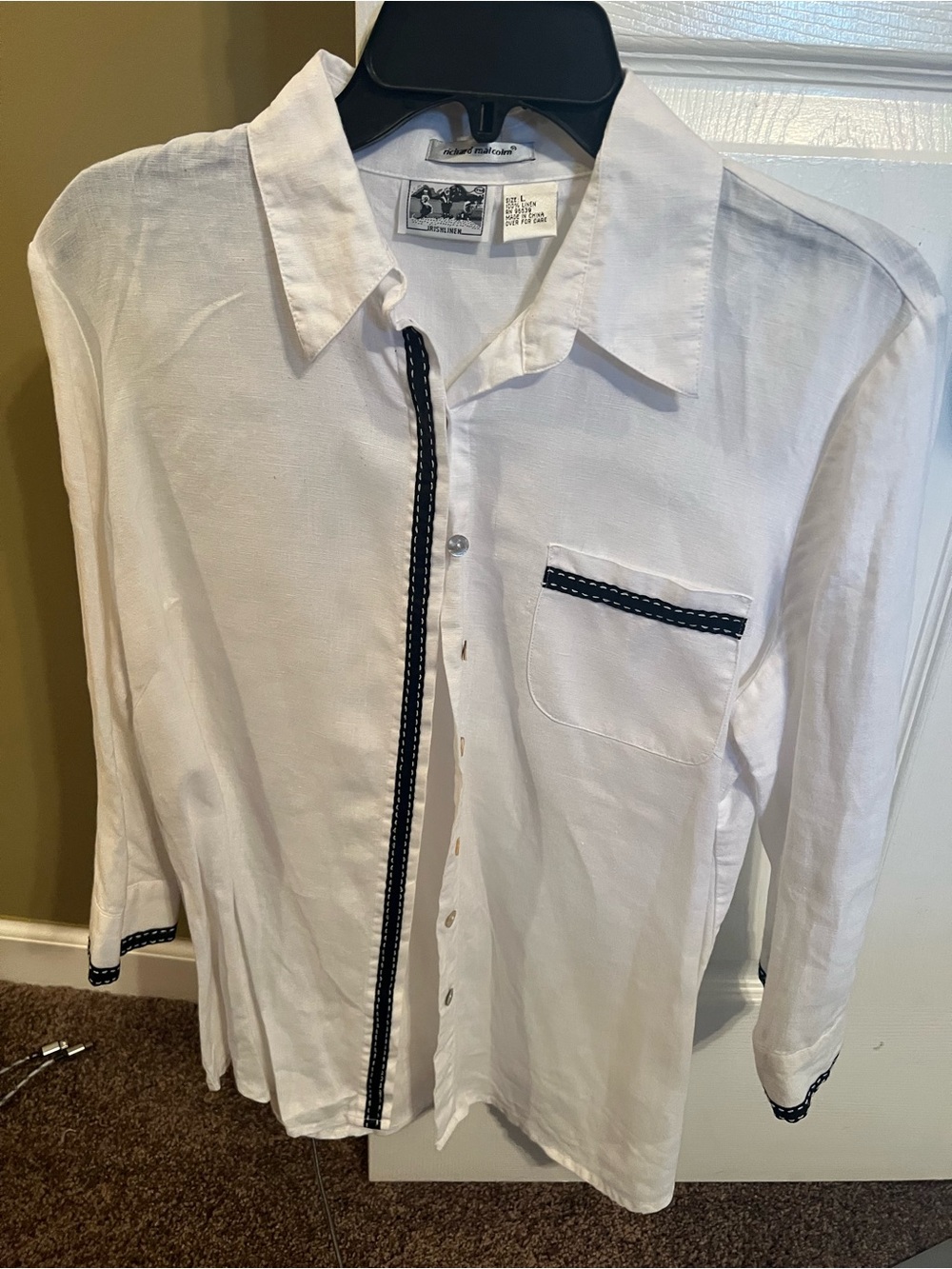 White Women’s  Irish linen Button-Up Shirt with Navy Trim